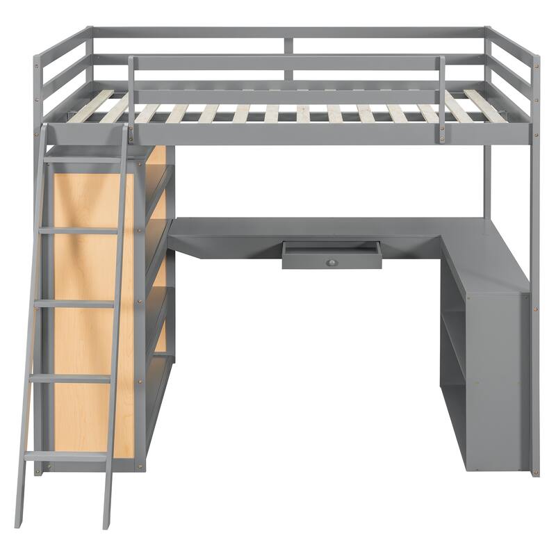 Full Size Loft Bed with Ladder, Shelves, and Study Desk in Gray
