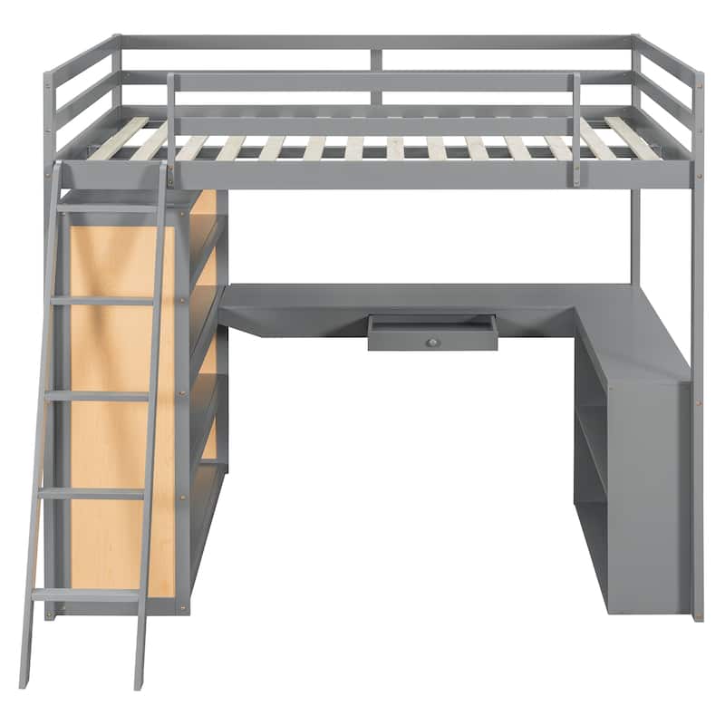 Wooden Bedframe Full Size Loft Bed with Built-in Desk, Storage Open Shelves, Drawer and Reversible Ladder for Kids, Teens