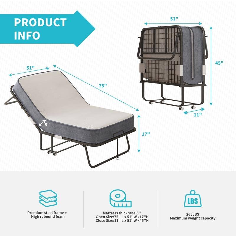 Mixoy Space Saving Foldable Bed with Mattress,Portable Bed with Lockable Wheels