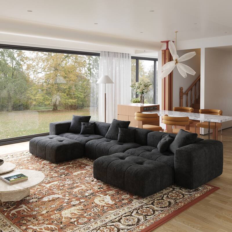 Extra Large U Shaped Linen Modular Sectional Couch with Ottoman for Living Room