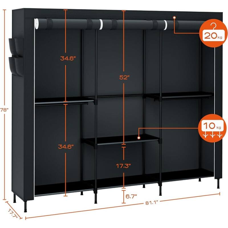 Portable wardrobe with lid, clothes organizer with shelves and 5 hanging rails, easy to assemble