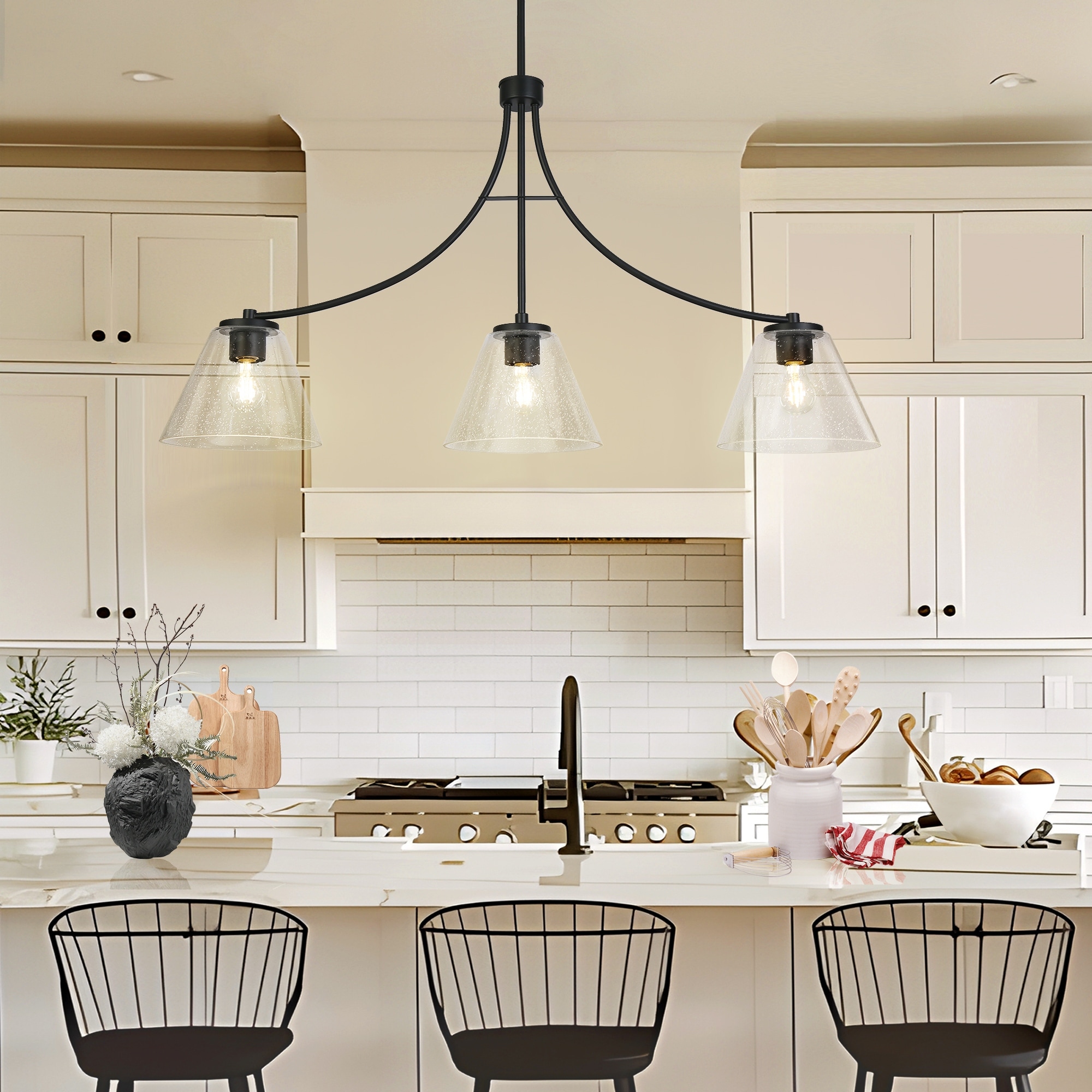 Modern Matte Black 3-Light Large 42-inch Chandelier Linear Cone Seeded Glass Dining Pendant - L 42.1" x W 9.4" x H 23.6"
