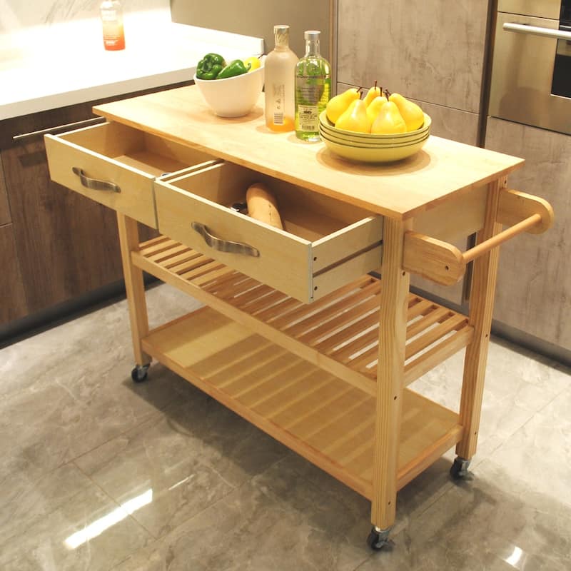 Kitchen Island Cart, Mobile Kitchen Island with Two Lockable Wheels, Rubber Wood Top