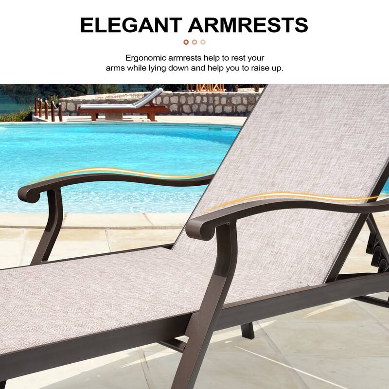 Outdoor All Weather Aluminum Recliner Adjustable Chaise Lounge Chair with Arms - See Picture