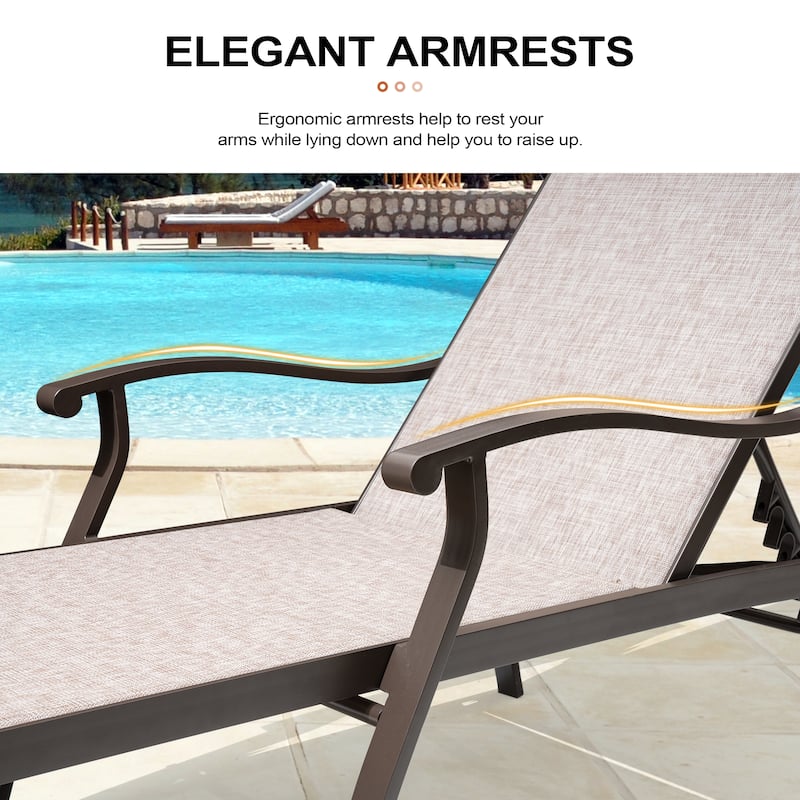 Outdoor Patio Aluminum Adjustable Chaise Lounge Chairs (Set of 2) with Arms - See Picture