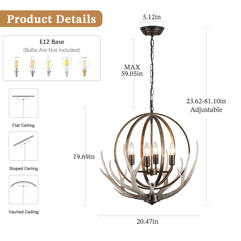 Unique Designed Vintage Resin Antlers Chandelier, Rustic Farmhouse 4 -Light Antler Pendant for Dining Living Room, Kitchen