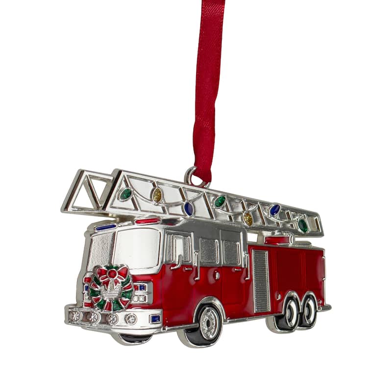 3.5" Silver Plated Fire Truck European Crystals Christmas Ornament