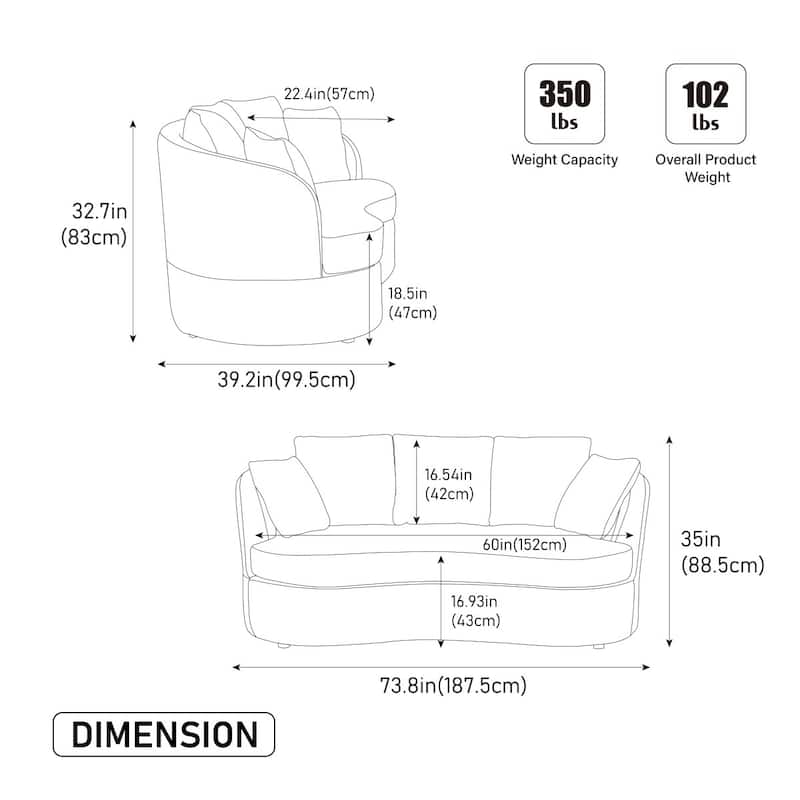 73.82" Modern Plush Chenille Wide Curved Sofa with Pillows