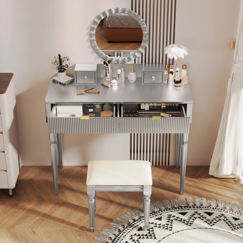 Silver Makeup Vanity Desk with Stool, 4 Drawers Dressing Table Set with Sunflower-shaped Vanity Mirror