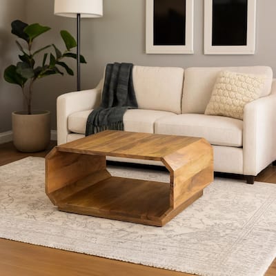 30 Inch Coffee Table, Handcrafted Hollow Cube Shape, Natural Brown Mango Wood