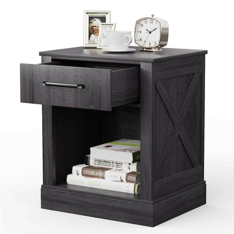 Nightstand with Drawer and Shelf Rustic Wooden Bedside Table Black