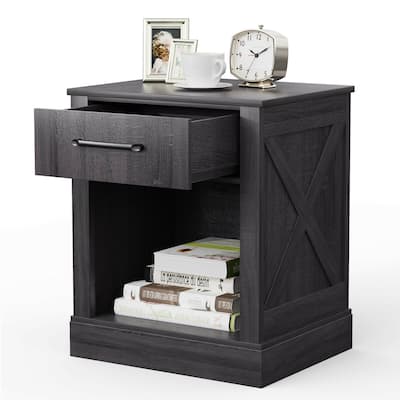 Nightstand with Drawer and Shelf Rustic Wooden Bedside Table Black