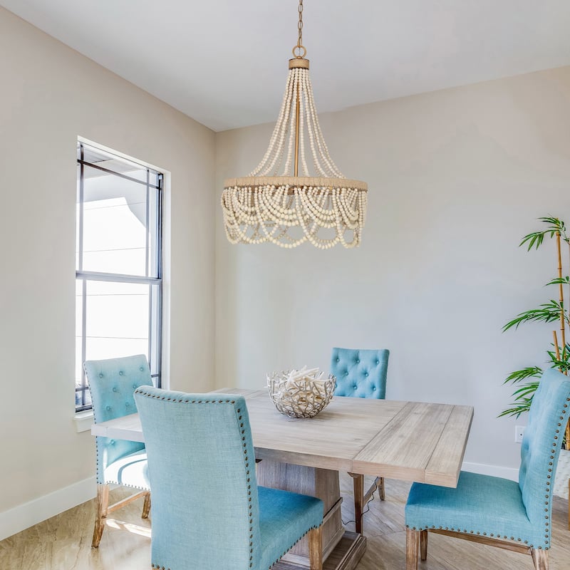 Farmhouse Distressed Wood Beaded Chandelier Empire 3-light Hemp Rope Basket Coastal Ceiling Lights - D 20" x H 33"