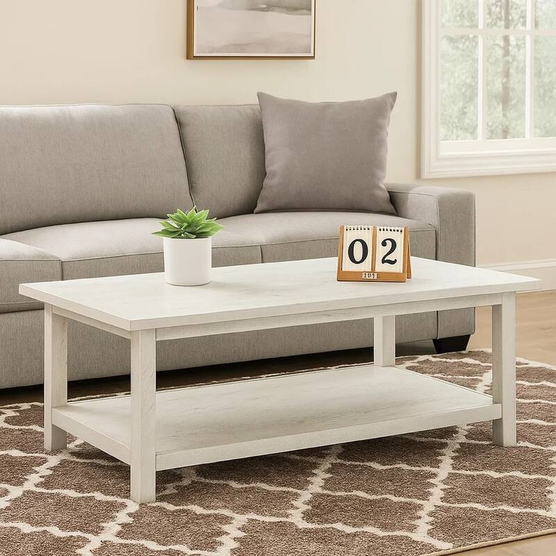Ayne Coffee Table, 1 Bottom Shelf, Distressed White Wood, 47 Inch