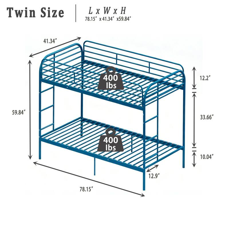 Twin Over Twin Metal Bunk Bed with Dual Ladders, Full Length Guardrails, Heavy Duty Frame, No Box Spring Needed