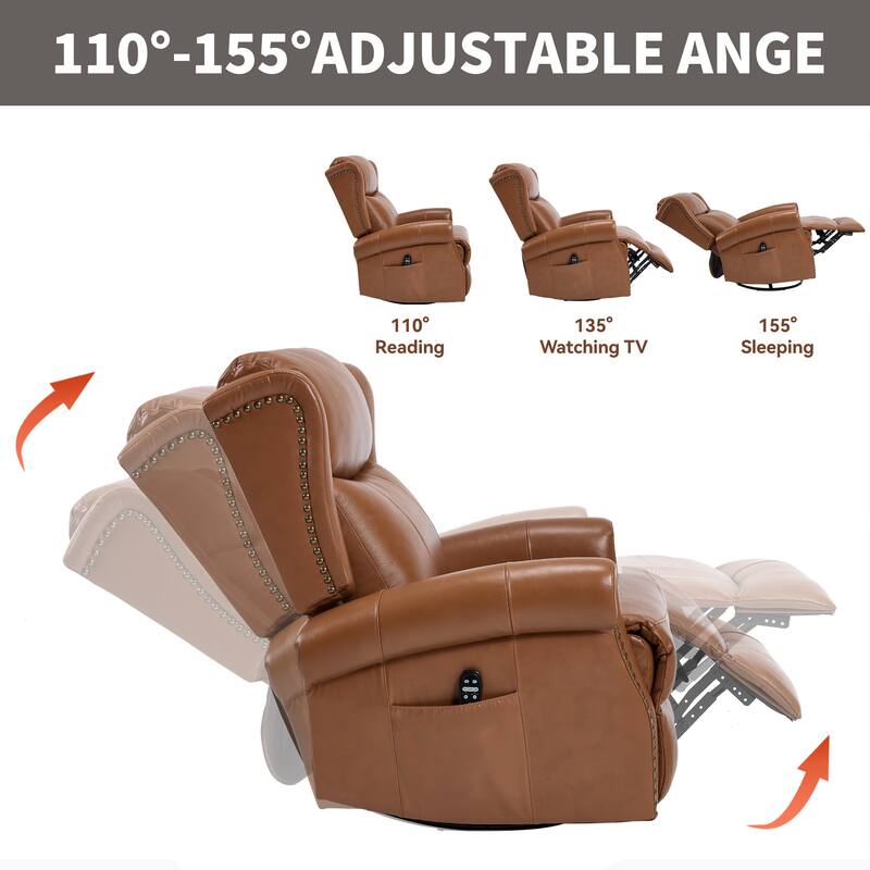 Genuine Leather Swivel Recliner Chair, Sofa Chair with Side Pockets, Manual Recliner Chair with Heat & Massage