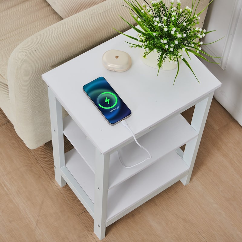 Javlergo 3 Tier Open Shelf Nightstand with Charging Station 2 AC Outlets 2 USB Ports Multipurpose Table for Bedroom Living Room