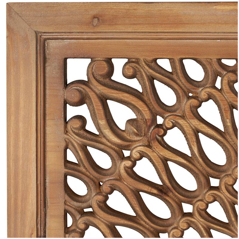 Brown Wood Room Wall Mirror with Carved Scroll Pattern