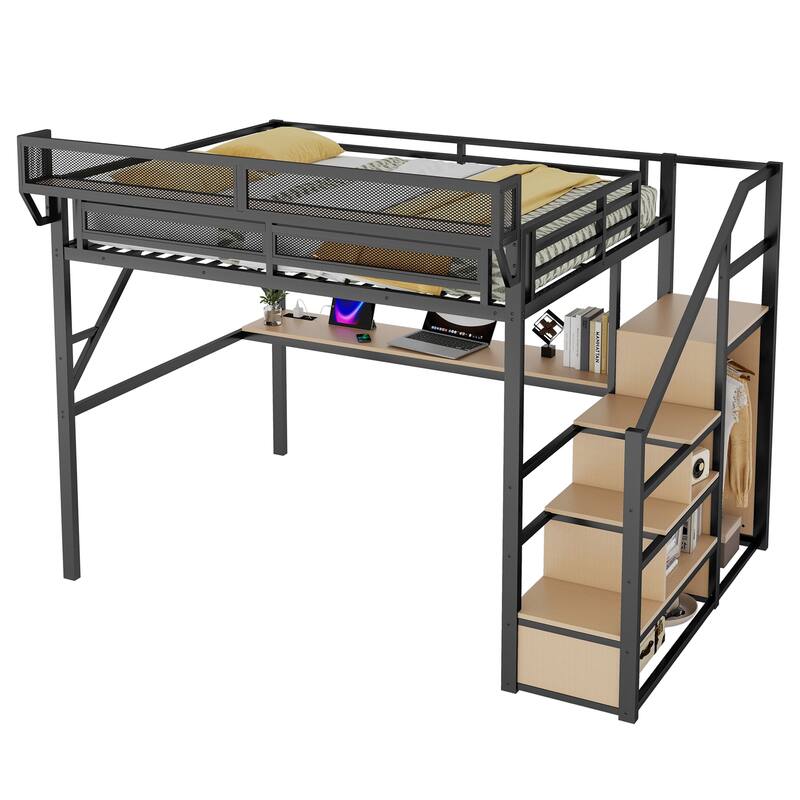 Metal Loft Bed with Storage Stairs Upper Storage Shelves and Wardrobe, Metal Structure Bed Optional Desk Charging Station