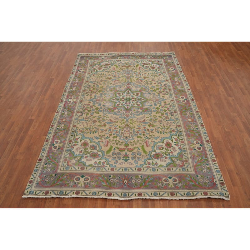 Hand Knotted Oriental 100% Wool Carpet Traditional Floral Beige & Ivories Tabriz Area Rug - 9' 9'' X 6' 5''