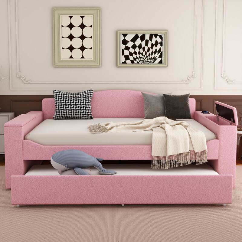 Sofa bed with storage arms, trundle bed and Bluetooth stereo - Pink - Full
