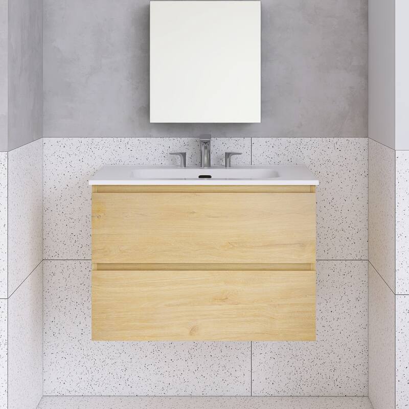 Floating Integrated Bathroom Vanity with Ceramic Sink, Three Faucet Holes - 29.9'' x 18.3'' x 21.1'' - Oak