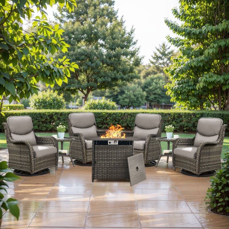 7 Pieces Outdoor Gliders Chairs Table Fire Pit Table with 5-Inch Thick Cushions - Grey Rattan - Grey Cushion - 7PCS Swivel Chairs Table with Square Fire Table