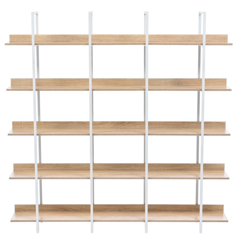 Vintage Industrial Style 5 Tier Open Bookshelf with Metal Frame - White+Oak