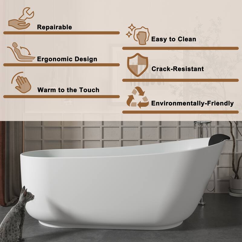 CASAINC Resin Stone Solid Surface Soaking Stand Alone Bathtub Freestanding Bathtub in Matte White