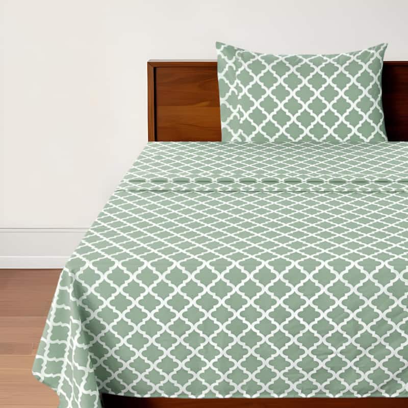 Three Piece Green and White Quatrefoil Microfiber Twin Sheet Set - Green and White - Twin