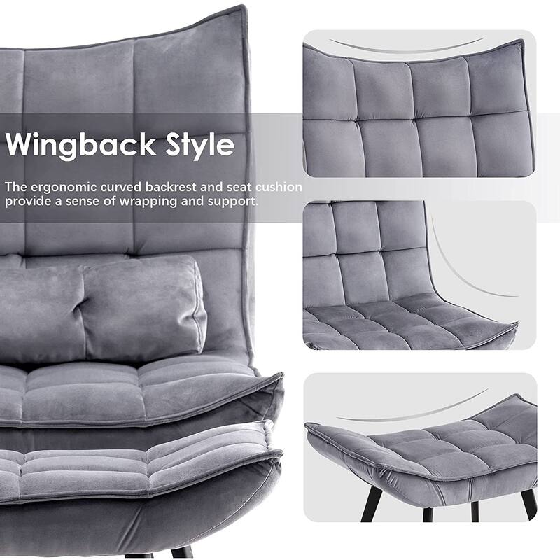 Mcombo Accent Chair with Ottoman, Velvet Tufted Wingback Chair, Upholstered Chairs with Metal Legs for Bedroom Living Room 4079