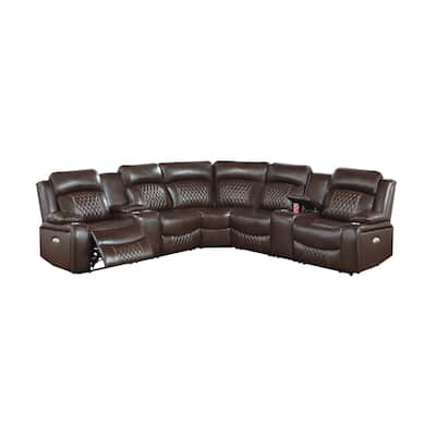 Ina Power Sectional Recliner L Shape Sofa, Console, Brown Faux Leather