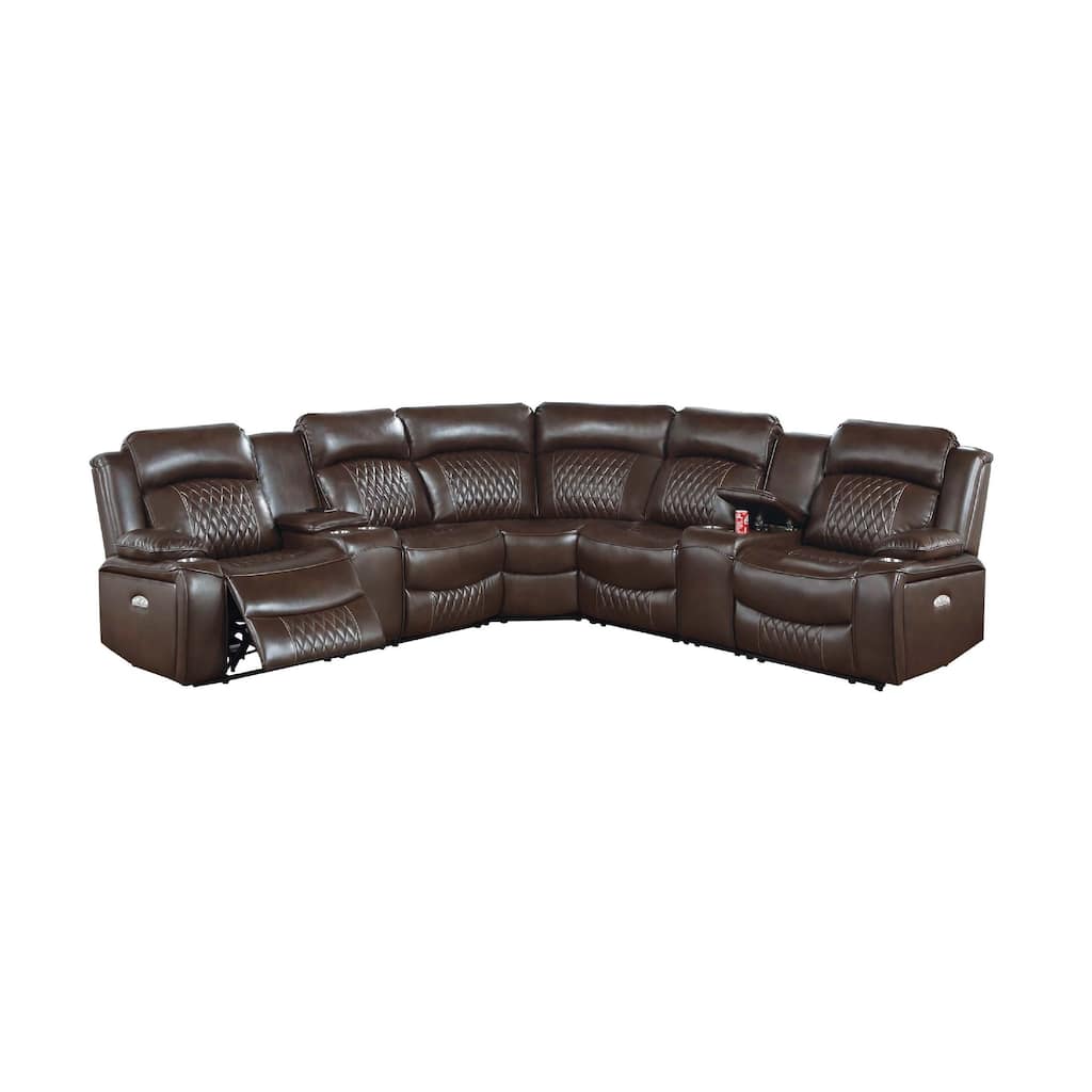 Ina Power Sectional Recliner L Shape Sofa, Console, Brown Faux Leather
