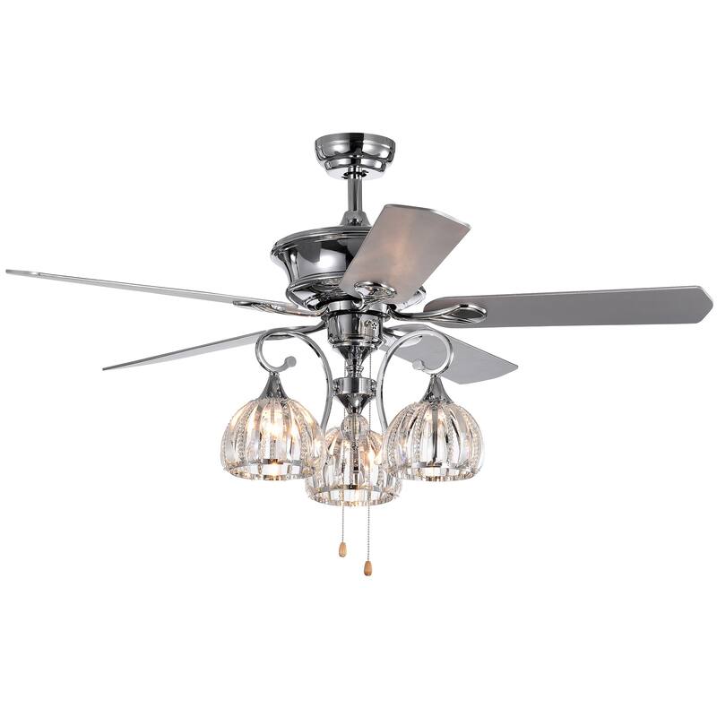 Mavyn Chrome 5-Blade 52-Inch 3-Light Lighted Ceiling Fan w Crystal Chandelier 2 Blade Colors (Optional Remote) - Pull Chain