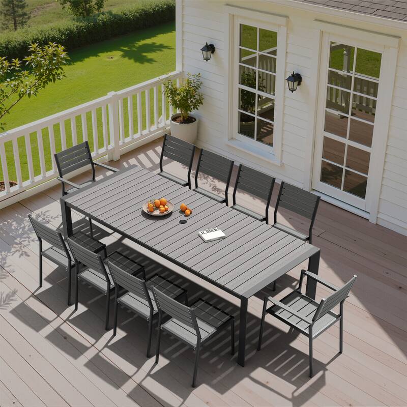 11-Piece Outdoor Patio Dining Set Wood Like Table Top Aluminum Rectangular Umbrella Hole Table with Stackable Chairs