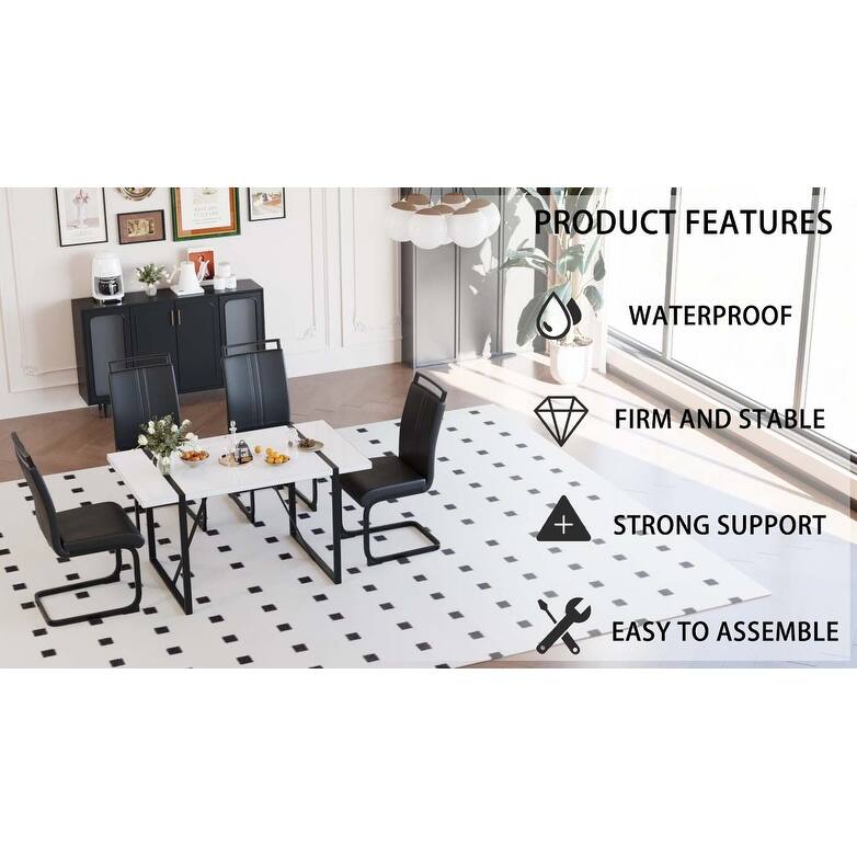 5-Piece Dining Table & Chairs Set with Metal Frame, Black Upholstered Dining Chairs with C-Shaped Legs