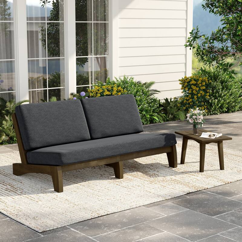 2-Piece Casual Teak Outdoor Patio Sofa Set with Side Table - Natural Wood - Dark Grey