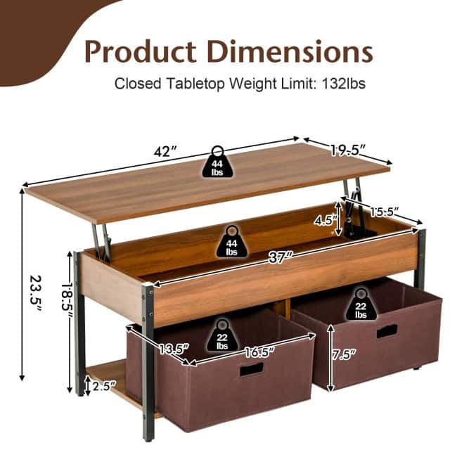 Lift Top Coffee Table Central Table with Drawers and Hidden Compartment for Living Room - 42" x 19.5" x 19" (L x W x H)