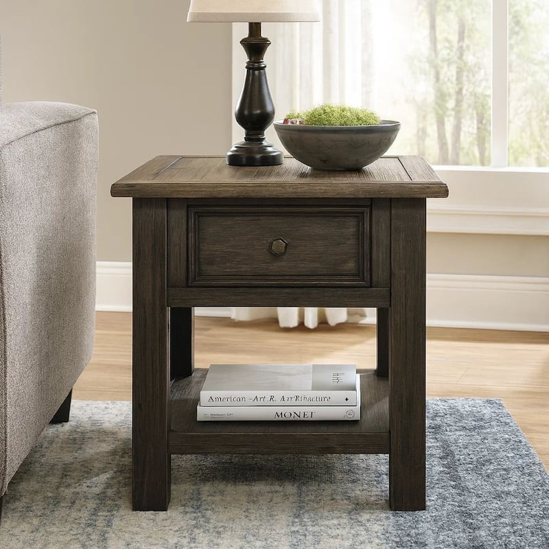 Wooden End Table with One Drawer and One Shelf, Brown and Black