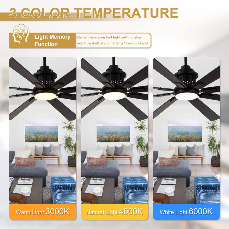 Cusp Barn 72 Inch Indoor/Outdoor Black Modern Large Ceiling Fan with Lights and Remote, Reversible Quiet DC Motor Ceiling Fan