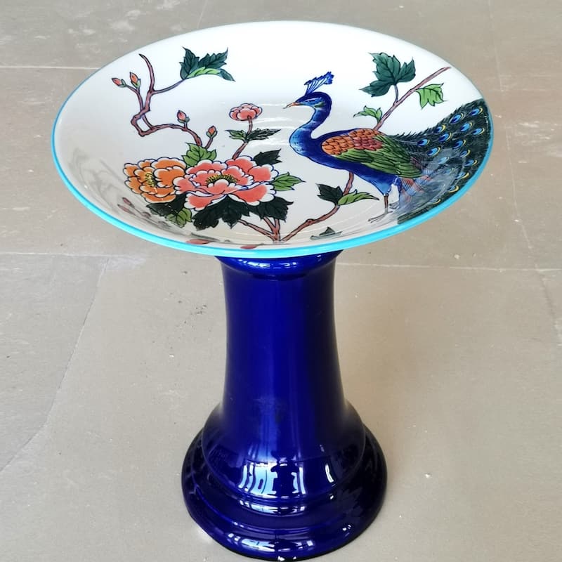 15 Inch Tall Porcelain Pedestal Birdbath - 13"x13"x15" - Blue