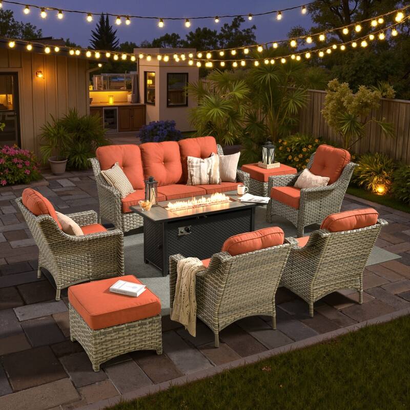XIZZI 8-piece Outdoor Patio Furniture Set with 54" Fire Table - Red