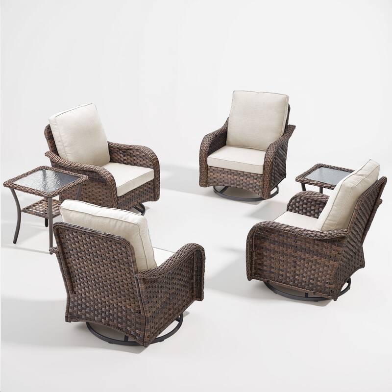 Cavira 6-Piece Brown Wicker Outdoor Patio Swivel Glider Chairs with Side Tables