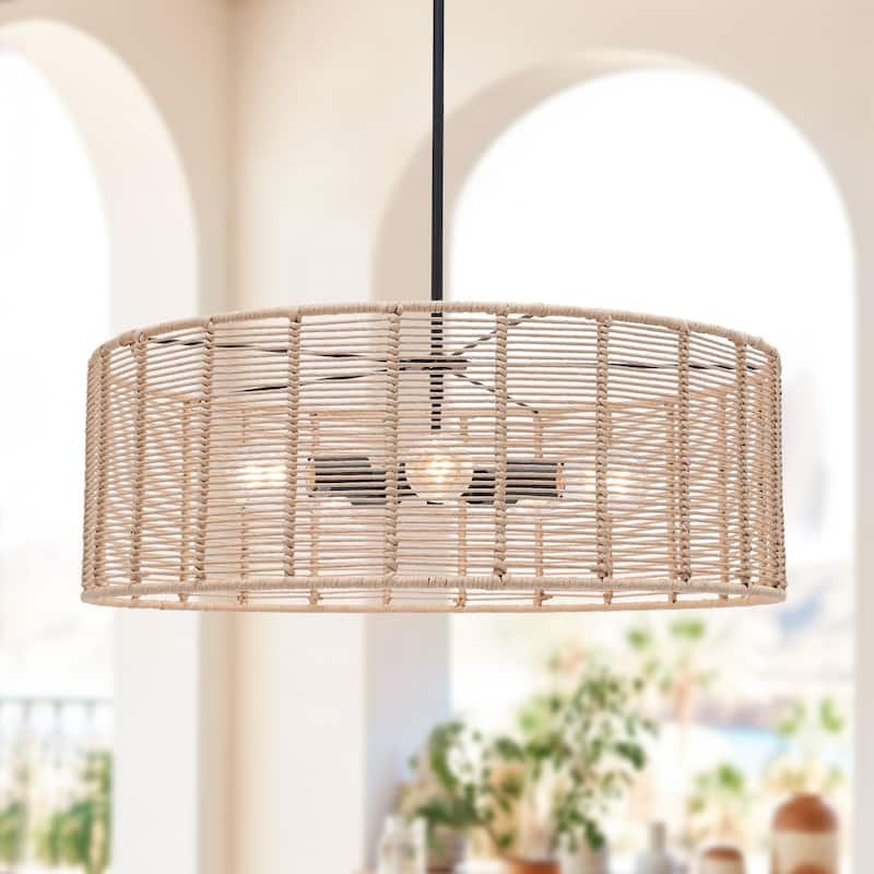 5-Light Coastal Drum Chandelier Handmade Rattan Island Pendant Light for Dining Room - Nature - D26"xH9.8”