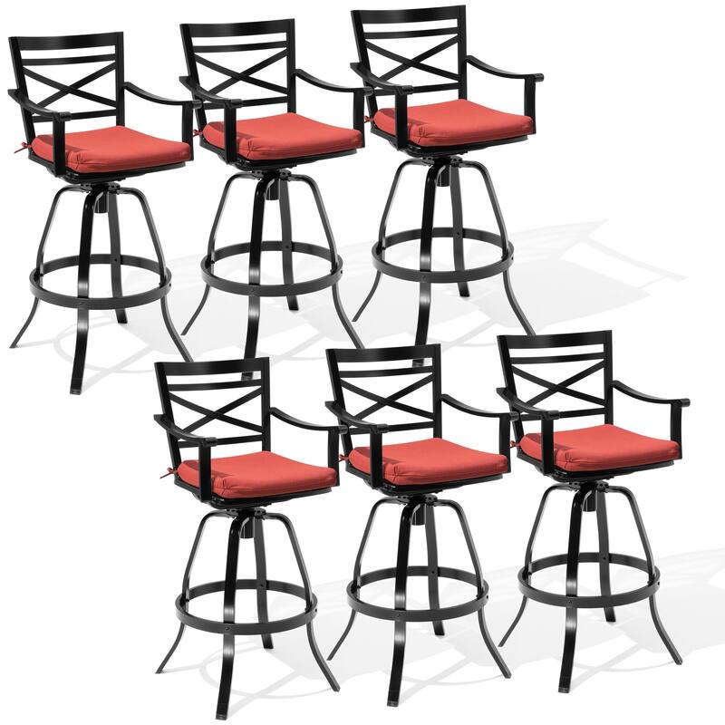 Outdoor Patio Cast Aluminum Swivel Bar Stools with Sunbrella Cushion - Red - 6PC