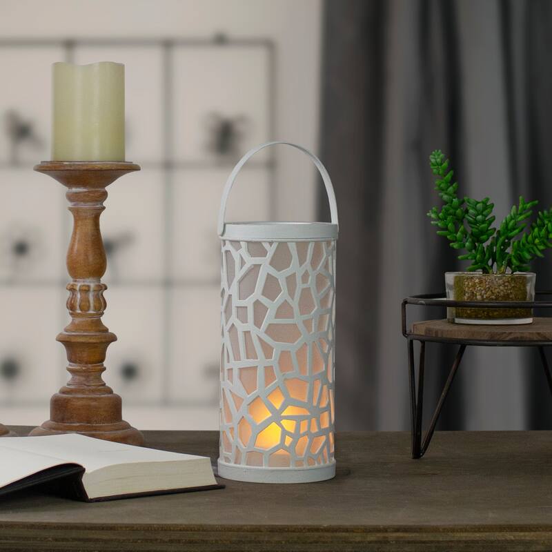 LED Lighted Faux Flame Mosaic Lantern with Handle - 9" - White