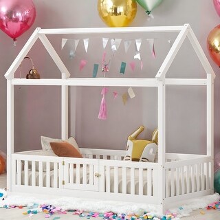 Twin Size Wood House Bed with Fence and Door, Distressed Design, Fun Play Space for Kids, Solid Pine Construction