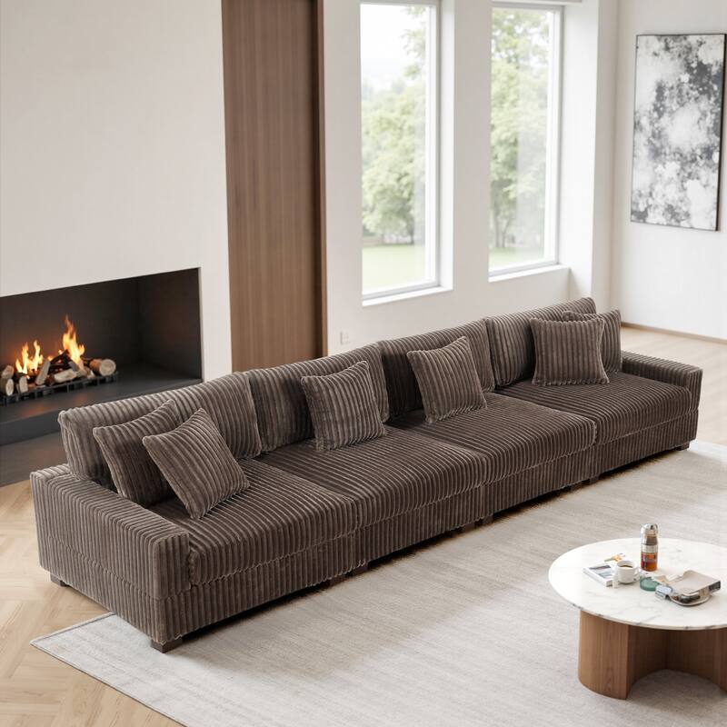 Modular Cotton Flannel Plush Sectional Sofa with Ottomans - Light Brown-4 piece