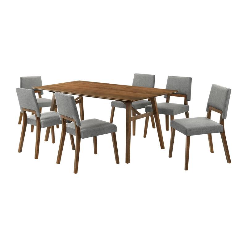 Yumi 7 Piece Dining Table Set, 6 Chairs in Charcoal Fabric, Wood Brown - Gray, Brown