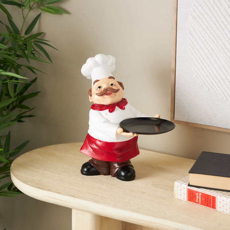 White Polystone Kitchen Decorative Figurine Chef Sculpture with Black Tray
